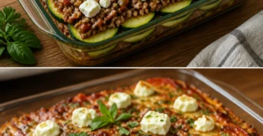 Zucchini-Hack-Auflauf mit Feta aus dem Ofen auf einem Teller angerichtet.