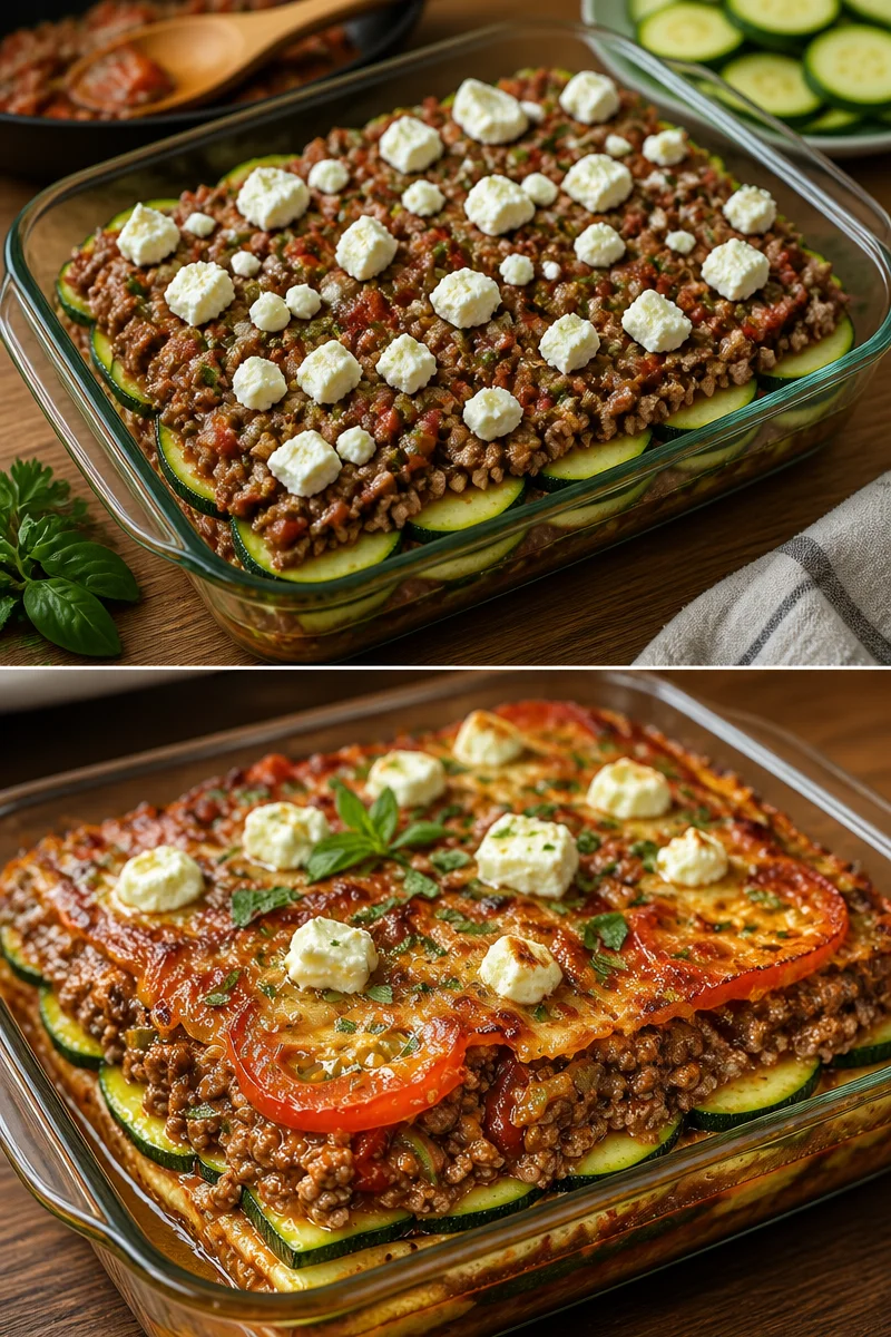 Zucchini-Hack-Auflauf mit Feta aus dem Ofen auf einem Teller angerichtet.