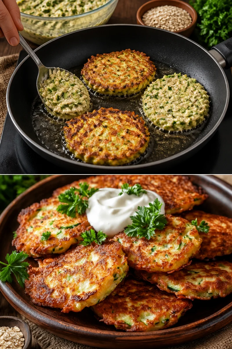 Köstliche Zucchini-Puffer mit Haferflocken auf einem Teller serviert